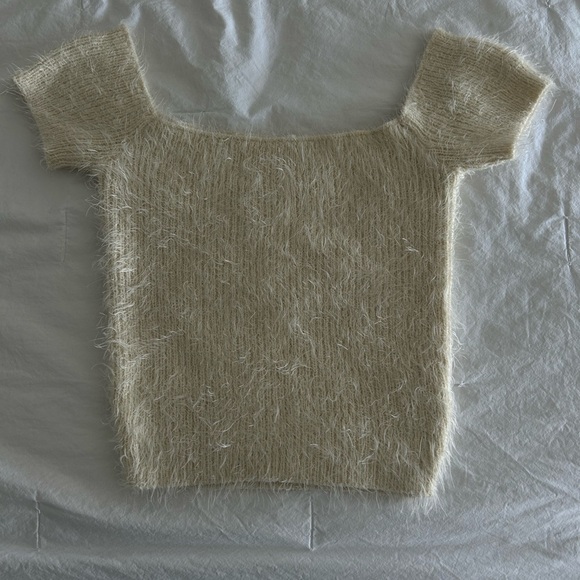 Fuzzy Off The Shoulder Cropped Cream Top - Picture 3 of 4